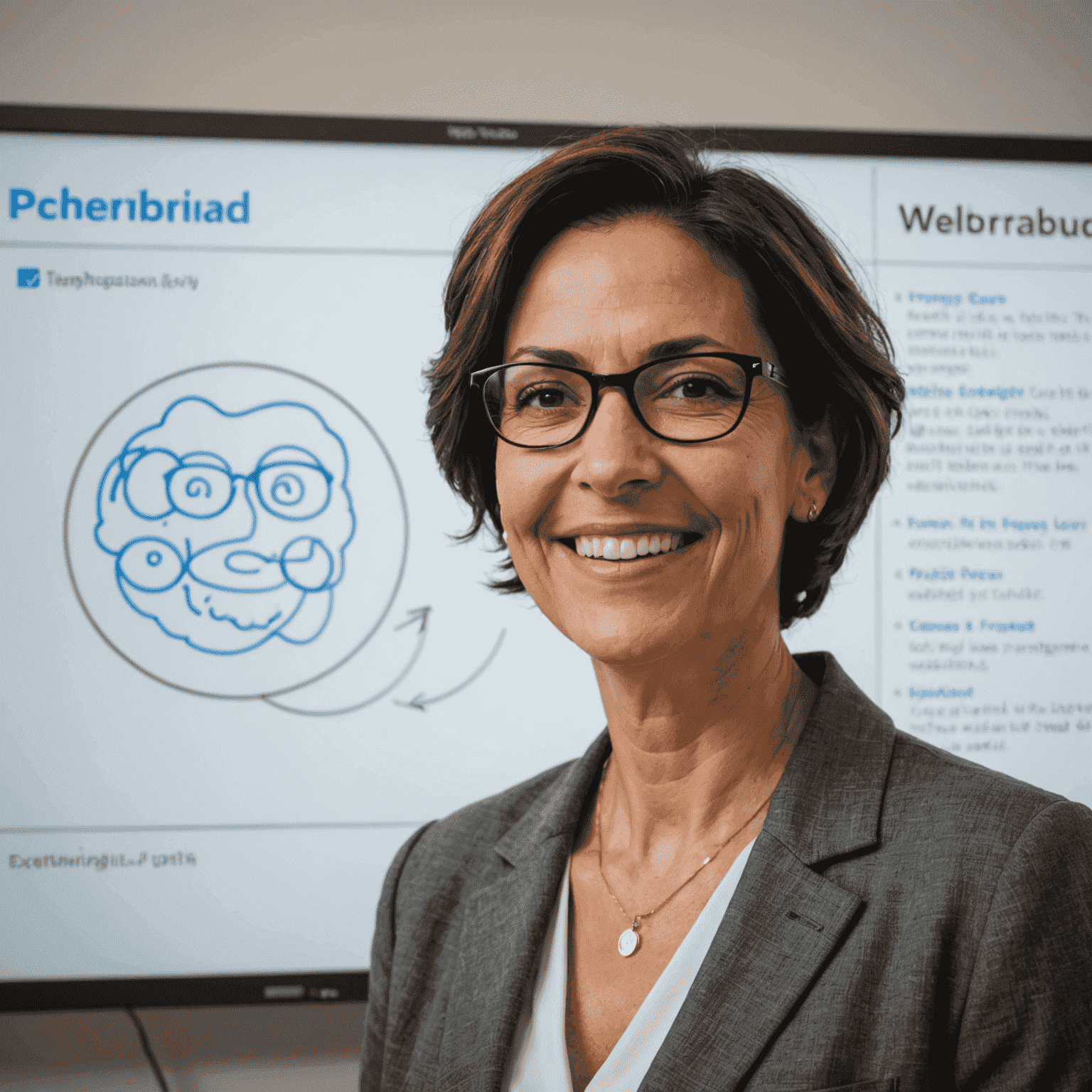 Foto de Ana Rodríguez, una mujer de mediana edad con gafas y cabello corto, sonriendo frente a una pizarra digital
